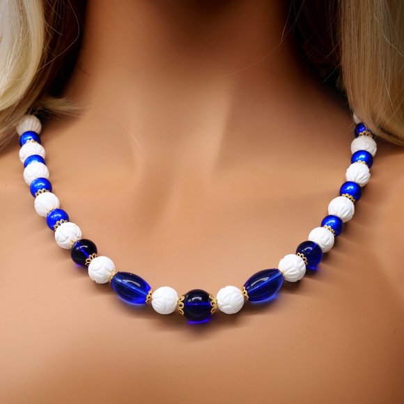 Myt Bead Emporium Jewelry - Custom made blue and white necklace with Lamp-Works beads and large lobster clas